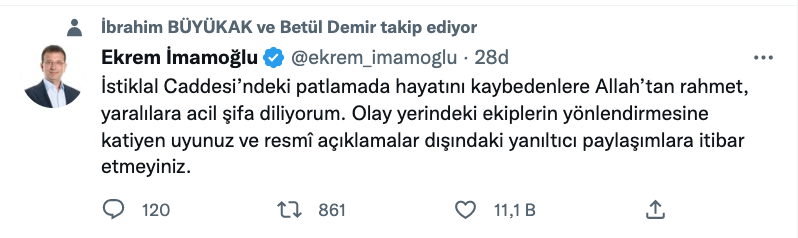 ekrem imamoglu ndan taksim patlamasi aciklamasi